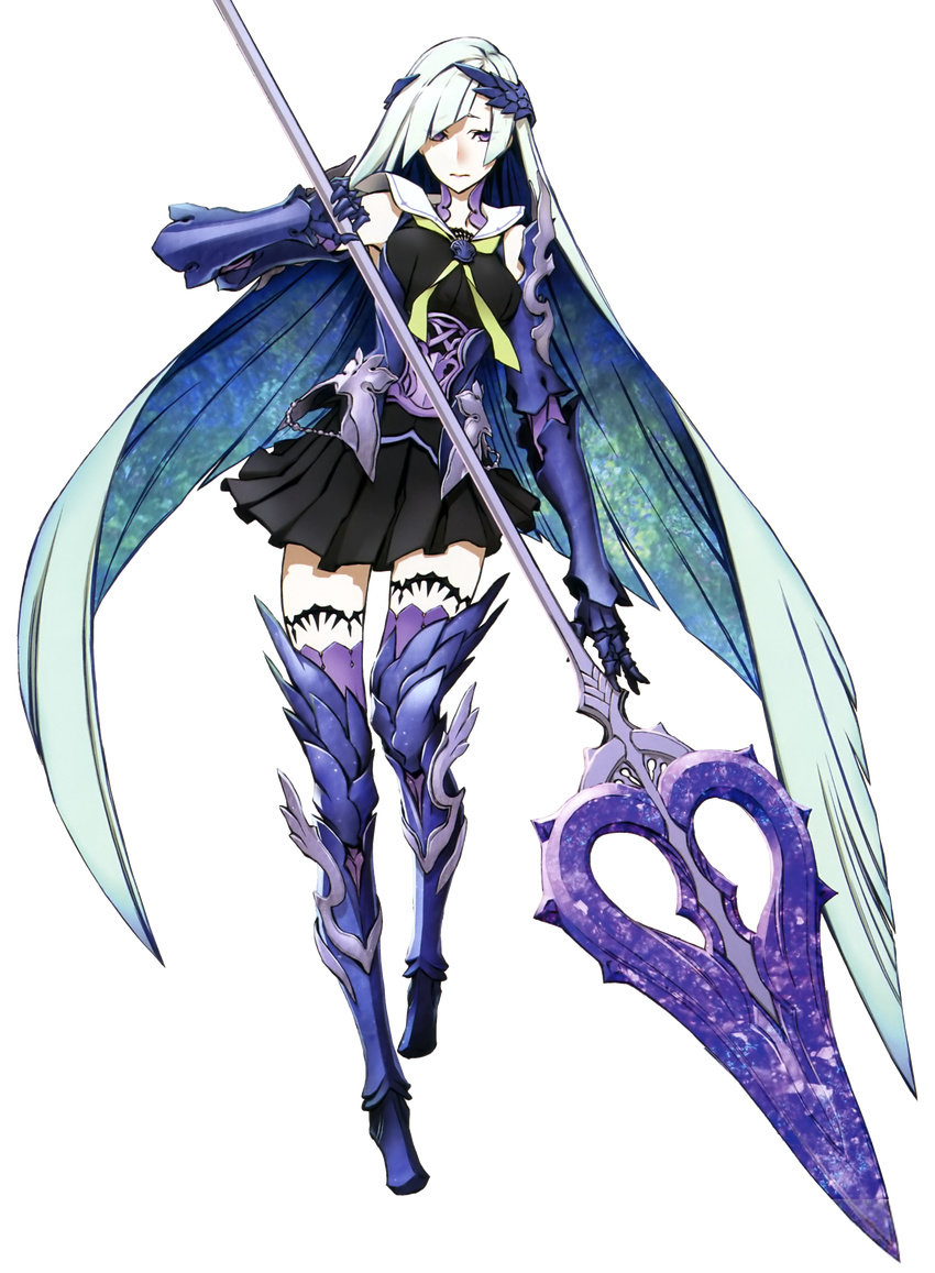 absurdly_long_hair absurdres armor armored_boots black_dress blue_hair boots brynhildr_(fate) brynhildr_romantia dress fate/prototype fate/prototype:_fragments_of_blue_and_silver fate_(series) full_body gauntlets highres holding holding_weapon long_hair looking_at_viewer miwa_shirou pleated_skirt polearm purple_eyes purple_legwear sitting skirt solo spear thighhighs transparent_background very_long_hair weapon