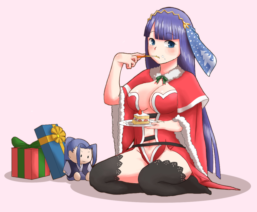 assassin_(fate/stay_night) bangs black_legwear blue_hair blush breasts cake capelet center_opening character_doll christmas cleavage fate/grand_order fate/stay_night fate_(series) food food_on_face fork full_body fur_trim gift green_ribbon groin holding holding_plate large_breasts long_hair looking_at_viewer navel pink_background plate raka_(pkspyellow) ribbon saint_martha seiza simple_background sitting solo stomach thighhighs tiara very_long_hair yellow_ribbon