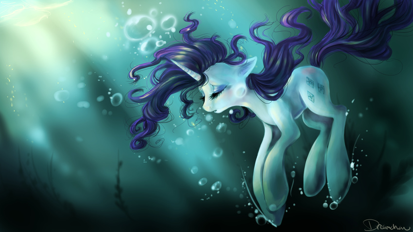 2013 bubble cutie_mark dreampaw equine eyes_closed female feral friendship_is_magic fur hair horn mammal my_little_pony plant purple_hair rarity_(mlp) smile solo underwater unicorn water white_fur