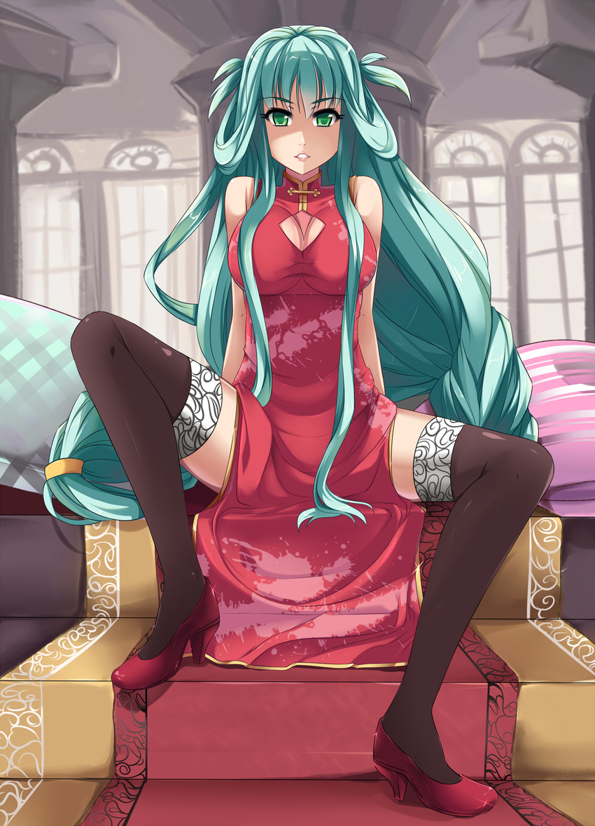 aqua_hair arm_support arms_behind_head bare_shoulders black_legwear breasts china_dress chinese_clothes cleavage cleavage_cutout csai dress full_body green_eyes hair_over_breasts hair_rings high_heels highres lace lace-trimmed_thighhighs large_breasts lips long_hair looking_at_viewer low-tied_long_hair open_mouth original pumps red_dress sitting solo spread_legs thighhighs thighs very_long_hair