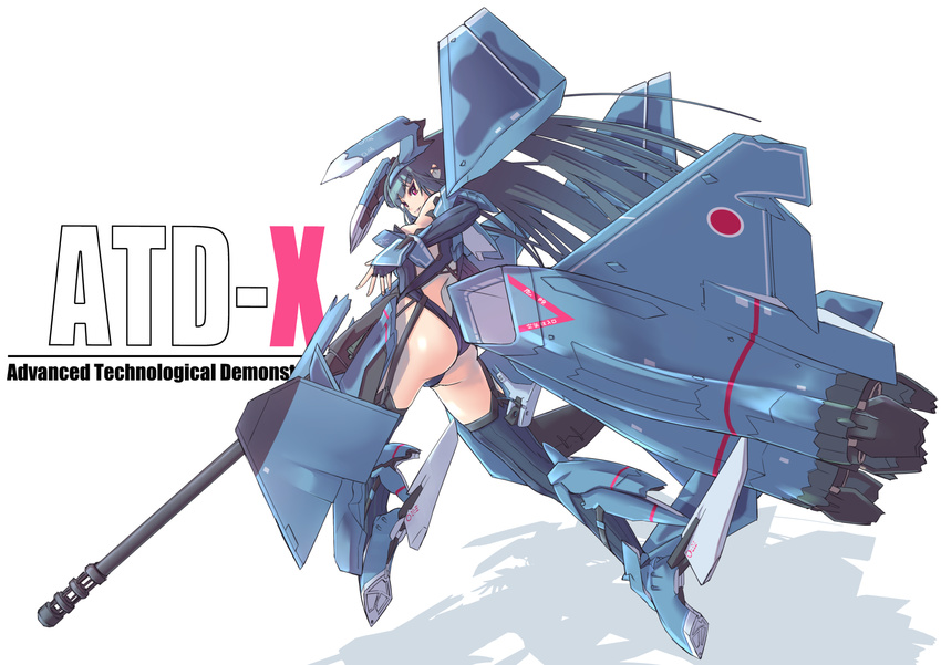 aircraft airplane ass blue_hair boots elbow_gloves gloves gun high_heel_boots high_heels highres jet_engine long_hair looking_back mecha_musume nenchi personification red_eyes rifle shadow simple_background solo thighhighs weapon white_background wings x-2_shinshin