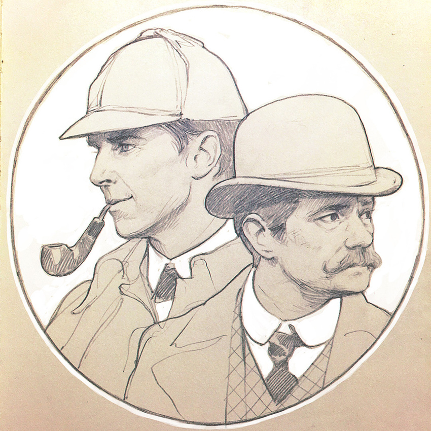 benedict_cumberbatch deerstalker facial_hair graphite_(medium) hat highres ilya_kuvshinov john_hamish_watson john_watson male_focus martin_freeman monochrome multiple_boys mustache pipe sherlock_(bbc) sherlock_holmes sherlock_holmes_(sherlock) solo traditional_media