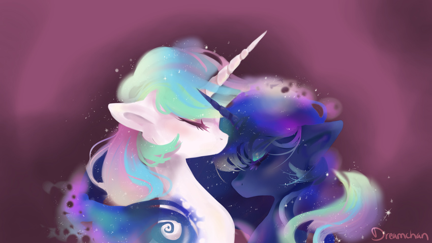 2015 abstract_background blue_fur blue_hair dreampaw duo equine eyes_closed female feral friendship_is_magic fur hair hi_res horn mammal multicolored_hair my_little_pony princess_celestia_(mlp) princess_luna_(mlp) white_fur winged_unicorn wings