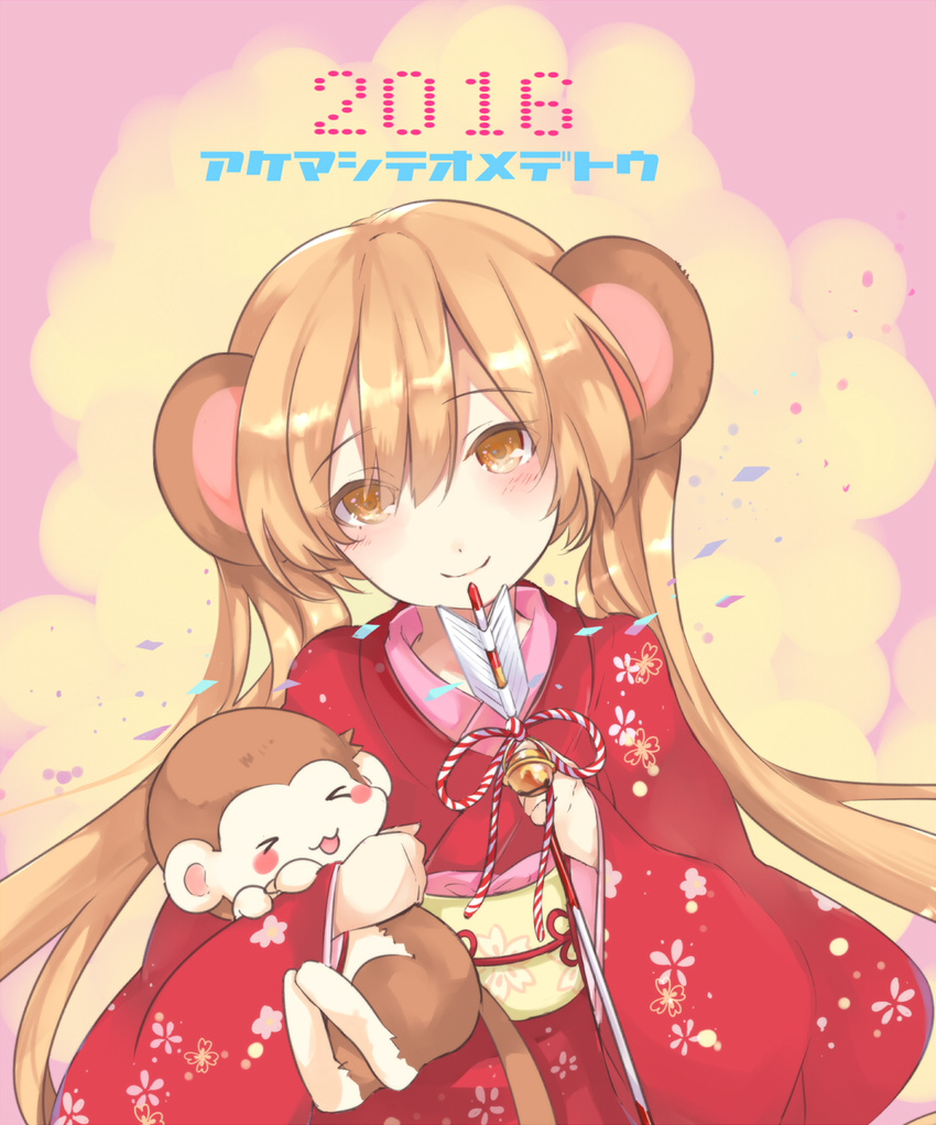 &gt;_&lt; 2016 akeome animal animal_ears arrow bangs bell blush brown_background brown_hair chinese_zodiac closed_eyes cowboy_shot floral_print hamaya happy_new_year head_tilt highres japanese_clothes jingle_bell kimono long_hair long_sleeves looking_at_viewer mikan_no_shiru monkey monkey_ears multicolored multicolored_background new_year open_mouth orange_eyes original pink_background rope sash simple_background smile solo twintails year_of_the_monkey