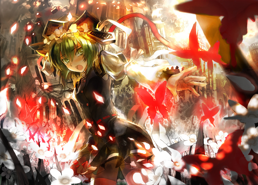 alternate_eye_color bug building butterfly green_eyes green_hair hat insect open_mouth outstretched_arms ruins shiki_eiki short_hair solo standing touhou ultimate_asuka