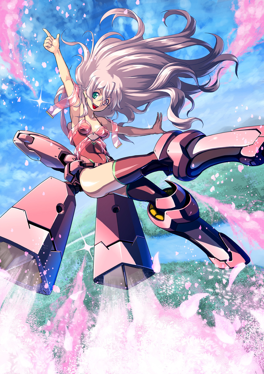 absurdres armpits blonde_hair breasts cherry_blossoms day flying green_eyes highres kamina_pose kaneko_tsukasa long_hair mecha mecha_musume medium_breasts original outstretched_arms petals pointing pointing_up see-through sky solo spread_arms thighhighs thrusters