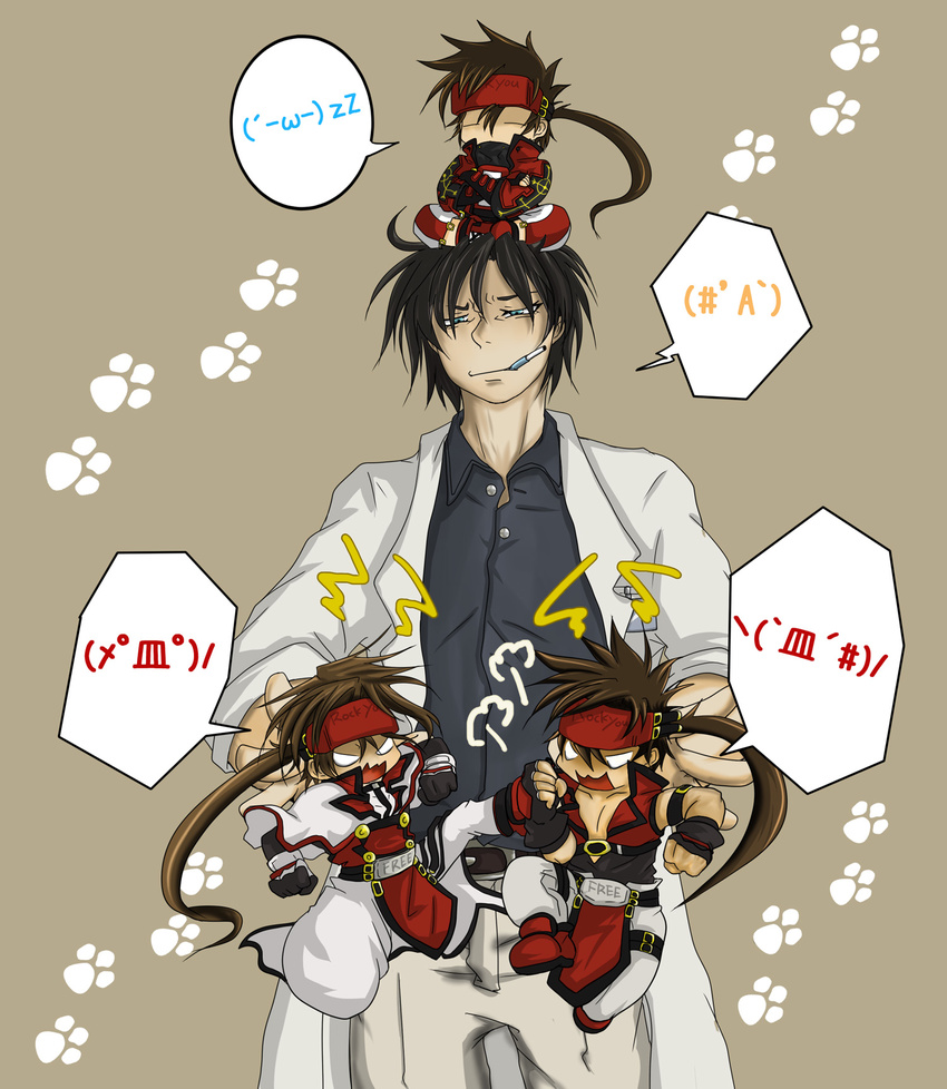 bad_id bad_pixiv_id belt brown_hair chibi emoticon guilty_gear guilty_gear_2 highres labcoat multiple_boys multiple_persona order-sol ponytail sol_badguy