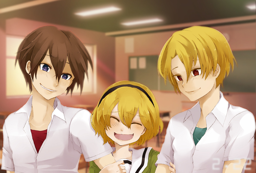 2boys arm_hug bad_id bad_pixiv_id blonde_hair brown_hair closed_eyes fang happy higurashi_no_naku_koro_ni houjou_satoko houjou_satoshi hug maebara_keiichi maroyan multiple_boys purple_eyes red_eyes smile