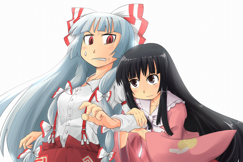 annoyed black_hair blush bow brown_eyes clenched_teeth frills fujioka_toki fujiwara_no_mokou hair_bow hair_ribbon hands houraisan_kaguya hug long_hair long_sleeves multiple_girls red_eyes ribbon shirt silver_hair simple_background smile suspenders sweatdrop teeth touhou tsundere white_shirt wide_sleeves