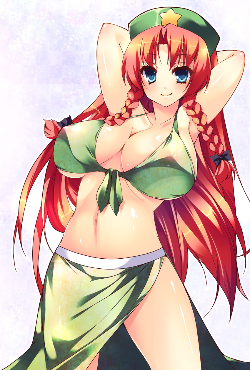 akikaze_tsumuji armpits arms_up bikini bikini_top blue_eyes braid breasts cleavage colorized curvy front-tie_top hat highres hong_meiling huge_breasts kagetsu_kei long_hair navel red_hair see-through smile solo swimsuit touhou twin_braids underboob