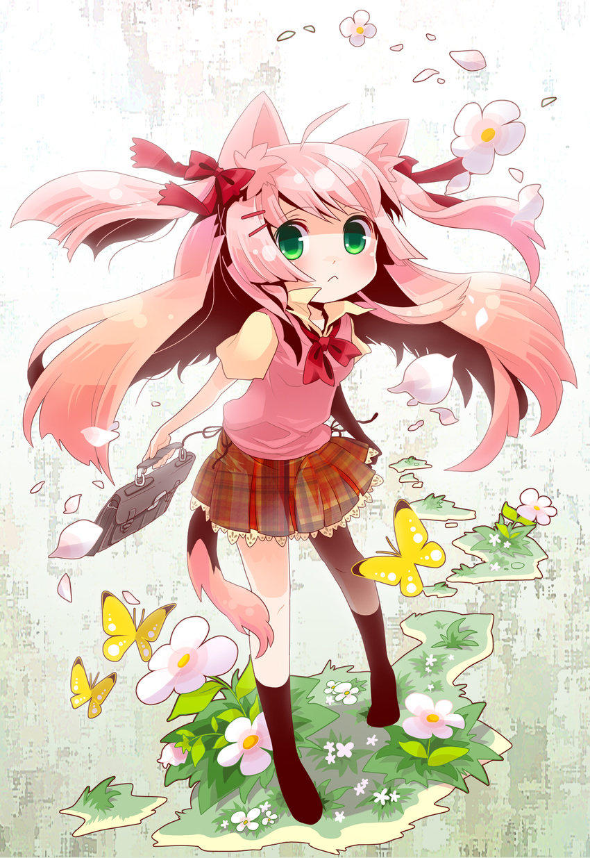 :&lt; animal_ears briefcase bug butterfly cat_ears cat_tail flower green_eyes highres insect long_hair moonyan original petals pink_hair pleated_skirt school_uniform skirt socks solo sweater_vest tail