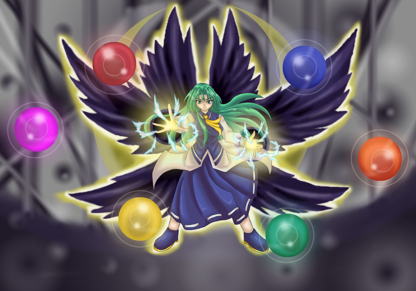breasts crescent green_eyes green_hair highres medium_breasts mima raisondetre solo touhou wings