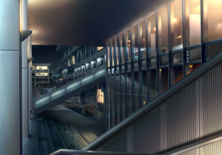 bad_pixiv_id bag building city copyright_request handbag highres lights living night no_humans railing scenery stairs star traffic_cone transmission_tower