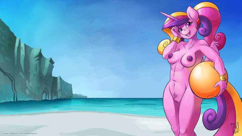 2015 anthro anthrofied areola armpits beach beach_ball blush breasts digital_media_(artwork) equine eyelashes female friendship_is_magic fur gold_(metal) hair horn long_hair mammal multicolored_hair my_little_pony navel nipples open_mouth outside patreon pink_fur princess_cadance_(mlp) purple_eyes pussy seaside solo winged_unicorn wings zwitterkitsune