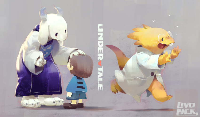 alphys boss_monster caprine eyewear female glasses goat group horn human lab_coat mammal ovopack protagonist_(undertale) running scalie toriel undertale video_games