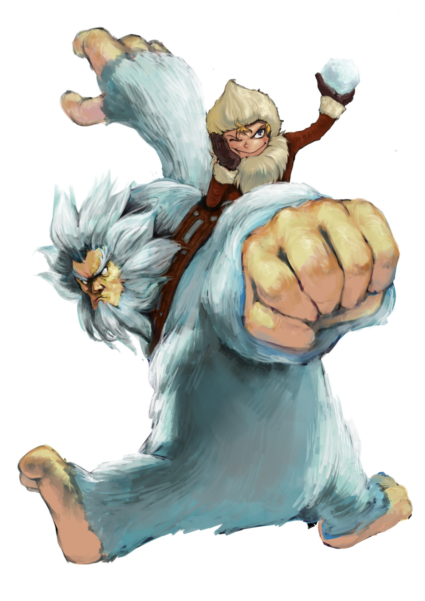 absurdres badluck blonde_hair coat gloves highres hood hoodie league_of_legends male_focus nunu one_eye_closed purple_eyes simple_background snowball solo white_background yeti_(creature)