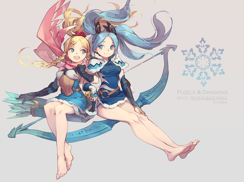 apple arrow bare_legs bare_shoulders barefoot black_gloves blonde_hair blue_eyes blue_hair blush bow_(weapon) braid breasts dress food fruit fur_trim gloves hair_ornament hairclip highres idunn_&amp;_idunna long_hair medium_breasts multiple_girls open_mouth ponytail puzzle_&amp;_dragons quiver sitting smile tennohi twintails weapon