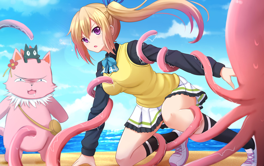 amagi_brilliant_park beach blonde_hair breasts cat company_connection crossover hair_ribbon kawakami_mai kazenokaze kyoto_animation large_breasts long_hair mole mole_under_eye musaigen_no_phantom_world nichijou octopus ponytail purple_eyes ribbon sakamoto_(nichijou) school_uniform skirt sweater_vest tentacles tiramii