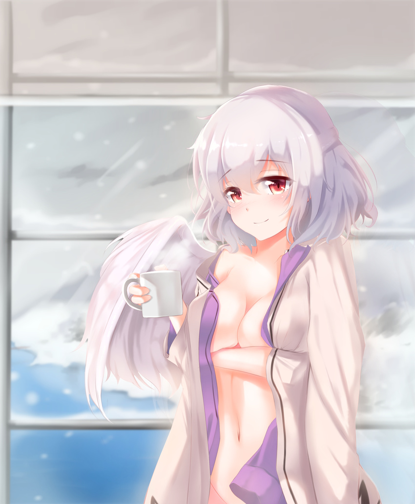 absurdres bad_id bad_pixiv_id blush breast_hold breasts coffee_mug cup drink groin highres holding kishin_sagume looking_at_viewer mug naked_shirt navel no_bra no_panties open_clothes open_shirt red_eyes septet_(zrca_janne) shirt short_hair silver_hair single_wing smile solo touhou wings winter