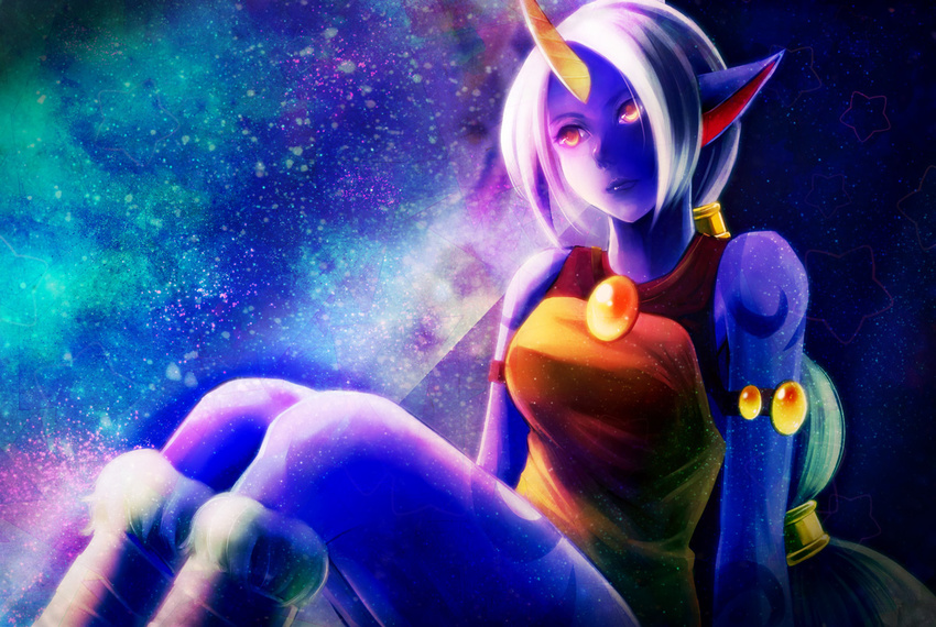 blue_skin horn league_of_legends mizoreame pointy_ears ponytail sitting solo soraka white_hair