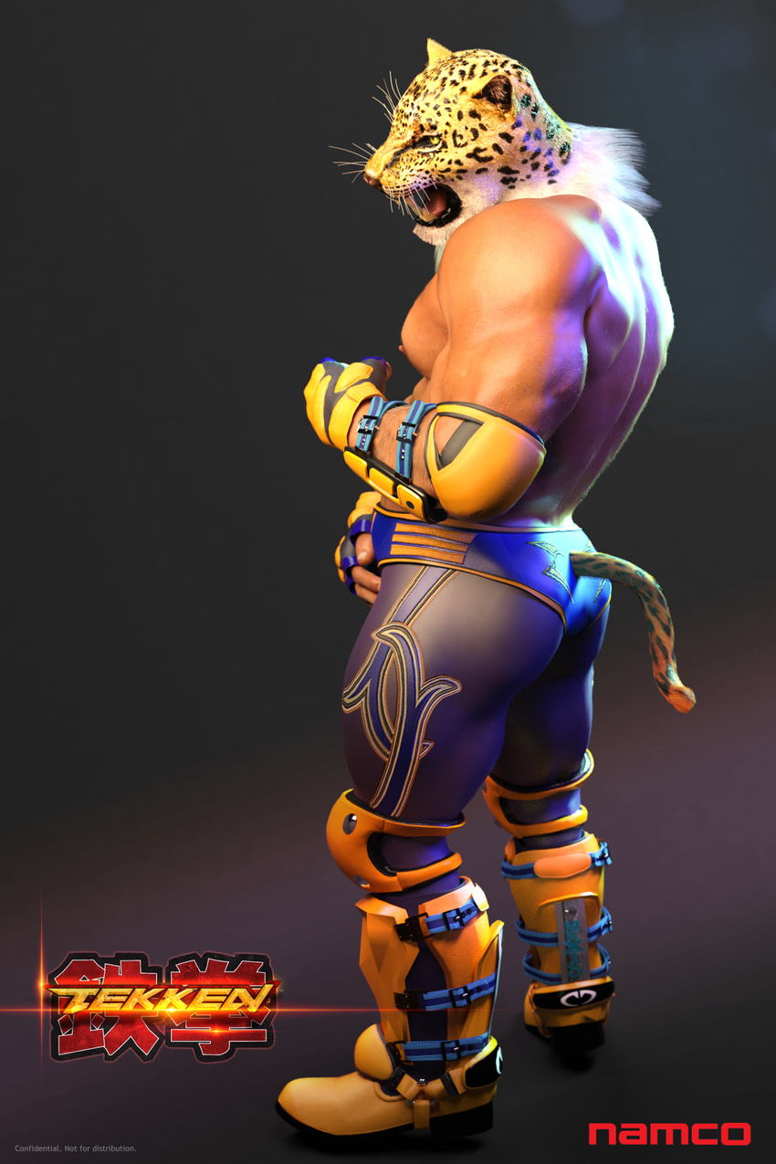 2015 3d_(artwork) abs biceps big_muscles black_fur boots cgi clothed clothing digital_media_(artwork) do_not_distribute elbow_pads english_text faceless_male fangs feline fingerless_gloves footwear for_a_head fur gloves green_eyes half-dressed hi_res human hybrid jaguar king_(tekken) looking_at_viewer male mammal manly mask muscular muscular_male navel nipples open_mouth pecs pose shiny snarlthewerewolf solo spots standing teeth tekken text topless underwear vein video_games whiskers white_fur wrestler wristband yellow_fur