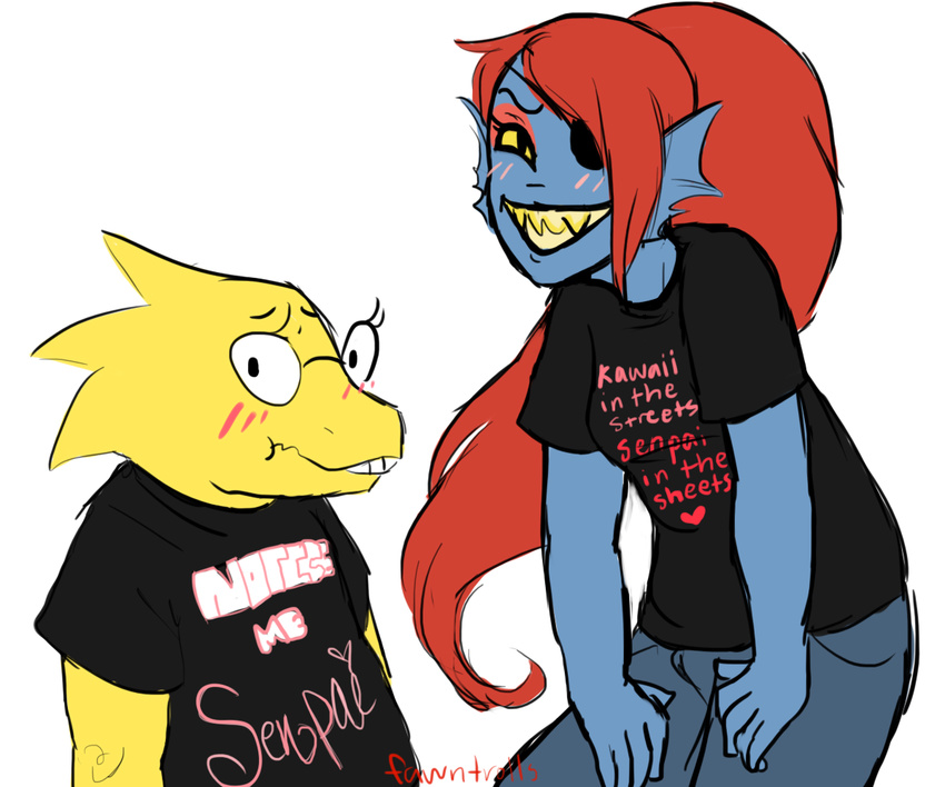 alphys blush duo english_text eye_patch eyewear female glasses hair looking_at_viewer lullabyprince ponytail red_hair text undertale undyne video_games