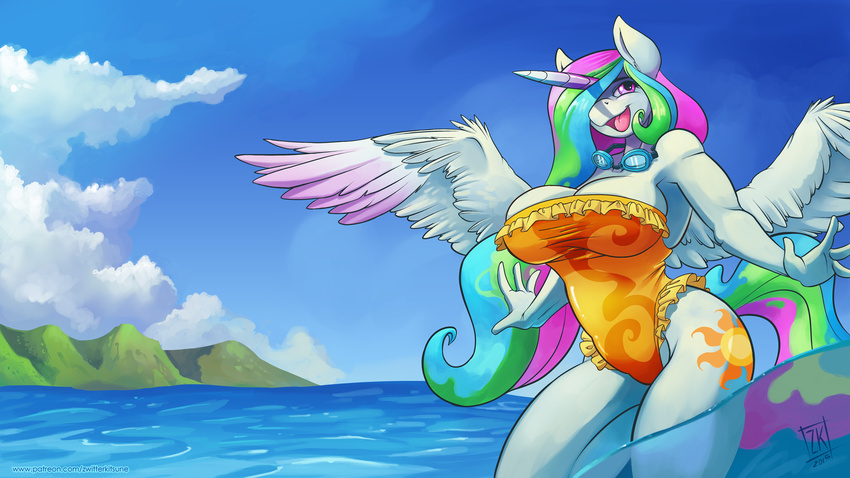 2015 anthro anthrofied armpits big_breasts breasts clothing cutie_mark digital_media_(artwork) equine eyewear feathered_wings feathers female friendship_is_magic goggles hair hair_over_eye horn long_hair mammal multicolored_hair my_little_pony one-piece_swimsuit open_mouth outside patreon princess_celestia_(mlp) purple_eyes solo spread_wings swimsuit tongue water winged_unicorn wings zwitterkitsune