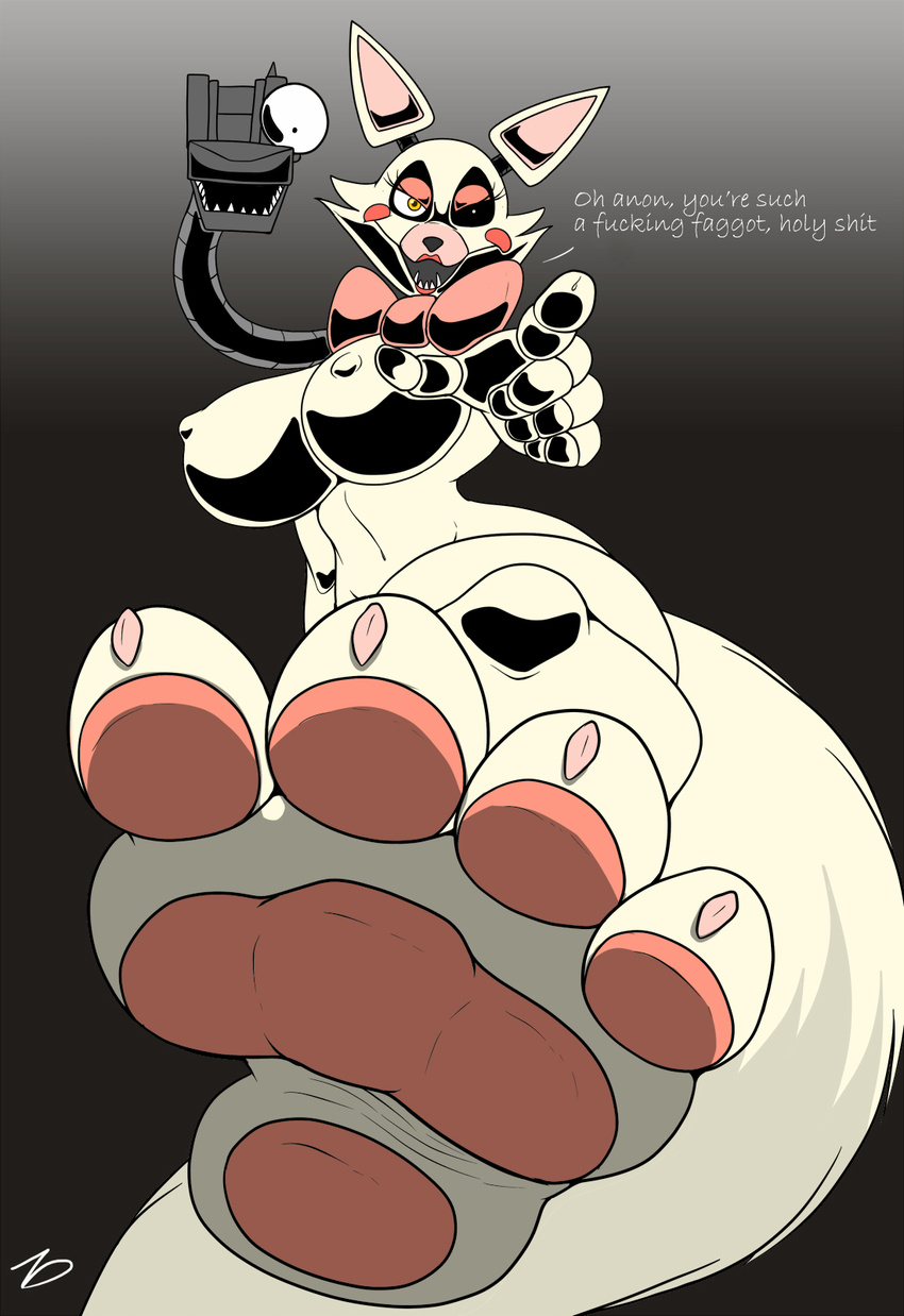 2014 4_toes animatronic anthro areola big_breasts black_background breasts canine dialogue digital_media_(artwork) domination edit english_text female female_domination first_person_view five_nights_at_freddy's five_nights_at_freddy's_2 foot_focus fox fur hi_res lipstick looking_at_viewer looking_down machine mammal mangle_(fnaf) nipples pawpads paws ribbons robot simple_background solo text toes video_games white_fur yellow_eyes zp92