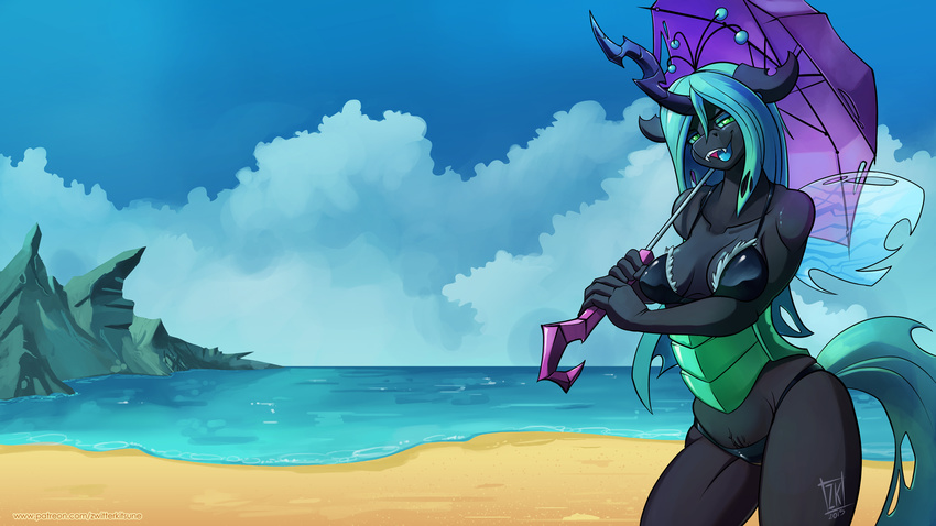 2015 anthro anthrofied beach bikini changeling clothing cloud digital_media_(artwork) fangs female friendship_is_magic green_eyes hair half-closed_eyes holding_object holding_umbrella horn long_hair looking_at_viewer membranous_wings my_little_pony open_mouth outside queen_chrysalis_(mlp) seaside solo swimsuit umbrella water wings zwitterkitsune