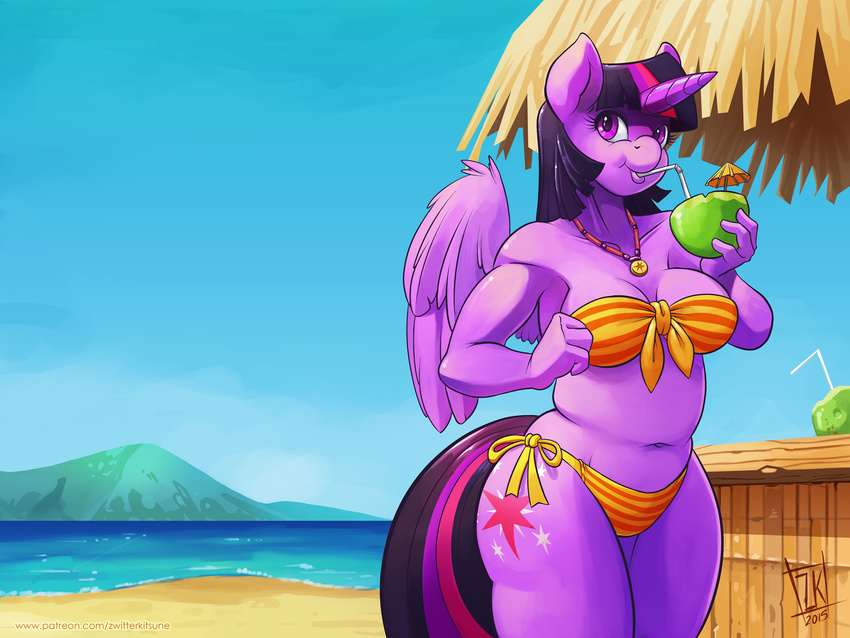 2015 anthro anthrofied beach beverage bikini clothing coconut cutie_mark digital_media_(artwork) drinking equine eyelashes feathered_wings feathers female food friendship_is_magic fruit hair horn jewelry mammal multicolored_hair my_little_pony navel necklace outside patreon purple_eyes seaside solo swimsuit twilight_sparkle_(mlp) winged_unicorn wings zwitterkitsune