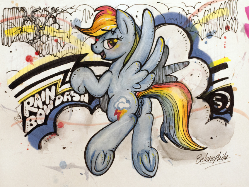 anatomically_correct anatomically_correct_anus anatomically_correct_pussy animal_genitalia anus clitoris dock equine equine_pussy female friendship_is_magic hair horse looking_back mammal multicolored_hair my_little_pony nude open_mouth pony pussy rainbow_dash_(mlp) selenophile solo traditional_media_(artwork) watercolor_(artwork)