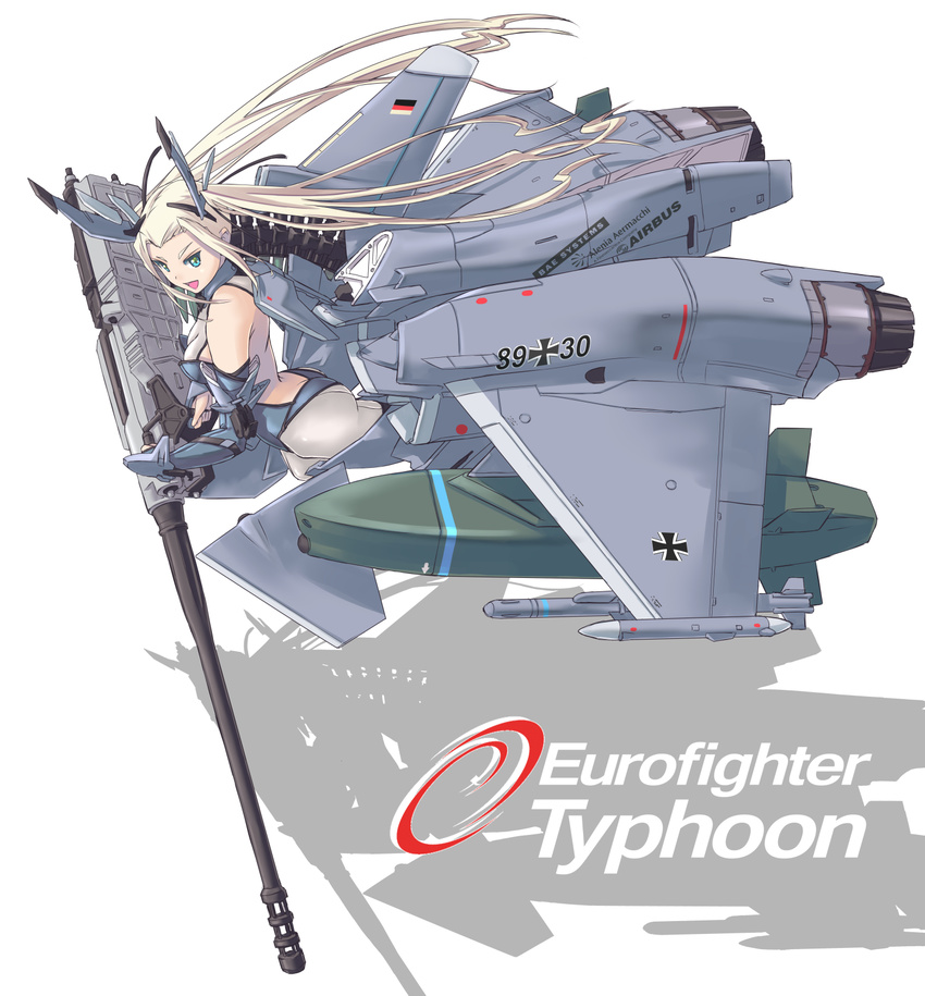 :d ammunition_belt aqua_eyes ass blonde_hair canards cruise_missile ef_typhoon elbow_gloves flying gloves gun hair_ornament highres jet_engine long_hair looking_back mecha_musume missile nenchi open_mouth personification real_life rifle shadow skin_tight smile solo twintails very_long_hair weapon wings