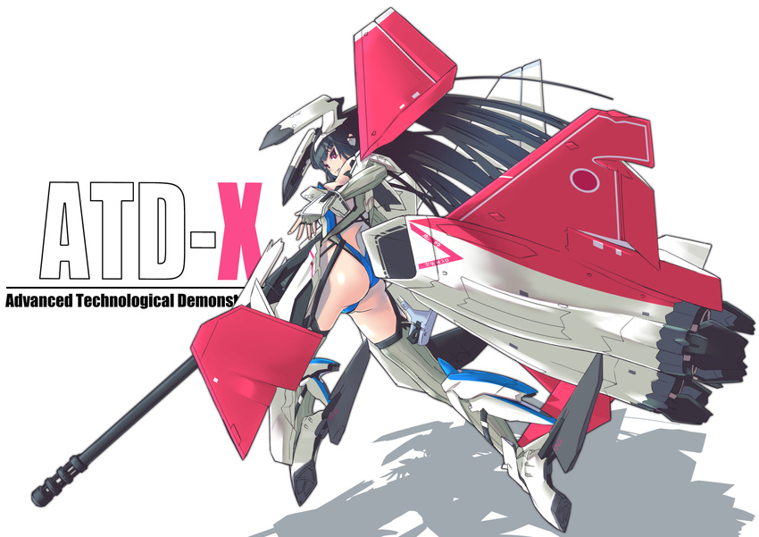 aircraft airplane ass black_hair gun highres long_hair mecha_musume nenchi personification red_eyes simple_background solo thighs weapon x-2_shinshin