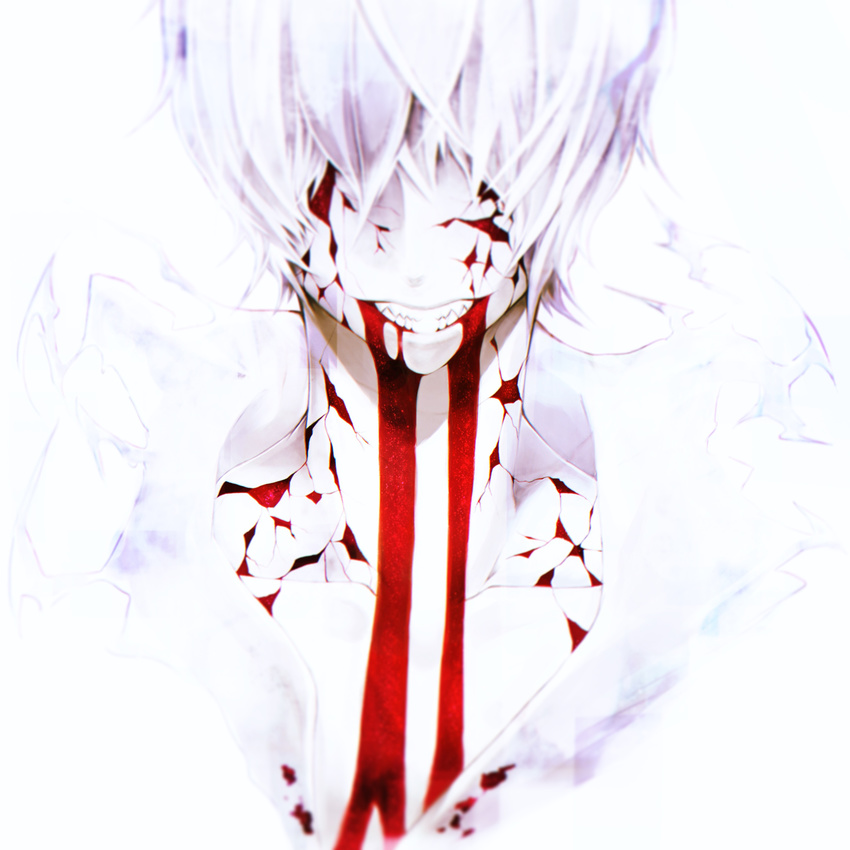 absurdres alo_(m-o-k-e-k-e) blood blood_from_mouth blurry cracked_skin grin hair_over_eyes highres male_focus original sharp_teeth smile solo teeth upper_body white_hair white_skin
