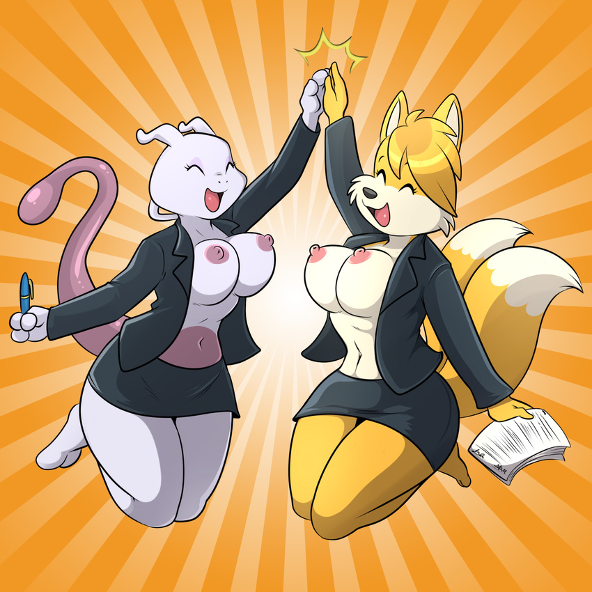 2016 anthro areola big_breasts breasts canine clothed clothing crossgender crossover digital_media_(artwork) duo erect_nipples eyes_closed female fur hair half-dressed jacket legendary_pok&eacute;mon lonbluewolf mammal mewtwo miles_prower multiple_tails navel nintendo nipples open_jacket open_mouth pok&eacute;mon smile sonic_(series) tongue uniform video_games