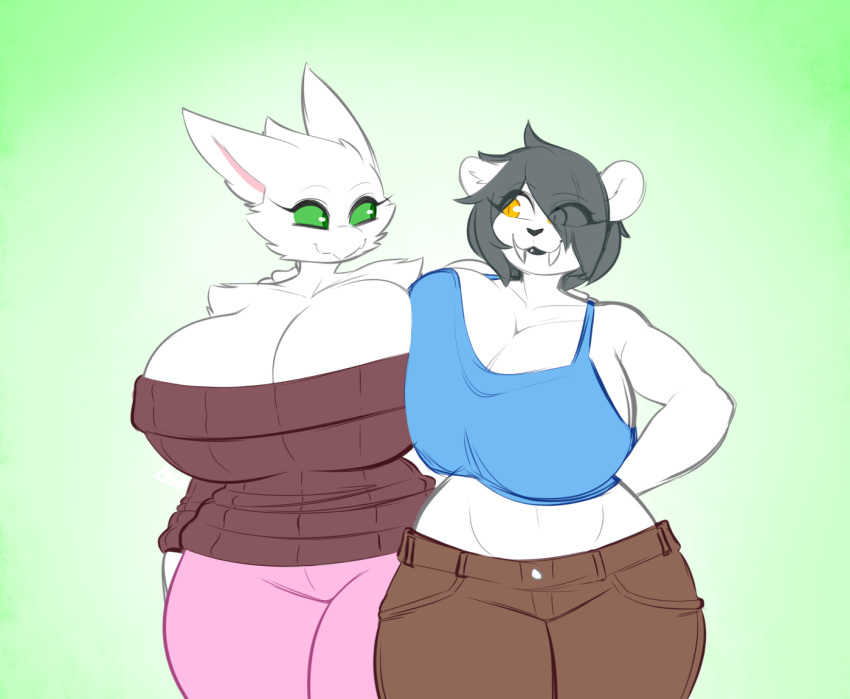 alien anthro averyshadydolphin big_breasts breast_squish breasts cleavage clothed clothing felid feline felis female fur green_eyes grey_hair hair huge_breasts machairodontine mammal smile sweater thick_thighs white_fur wide_hips yellow_eyes