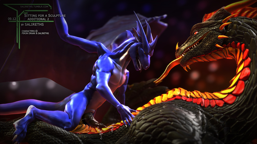 2012 3d_(artwork) anal anal_penetration animal_genitalia anthro belly black_scales butt cgi claws cum cum_inside darylith detailed digital_media_(artwork) dragon duo erection feral firondraak genital_slit grin hi_res horn larger_male looking_pleasured male male/male nude open_mouth orgasm pecs penetration penis pose precum red_eyes reptile salireths scales scalie sex size_difference slit smaller_male smile teeth tongue tongue_out wings