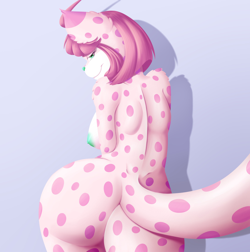 2016 absurd_res anthro areola big_butt breasts butt carl eyelashes feline female fur green_eyes hair half-closed_eyes hi_res hybrid itsuko103 leopard looking_back lynx mammal nipples pink_fur pink_hair shadow short_hair simple_background smile snow_leopard solo spots spotted_fur