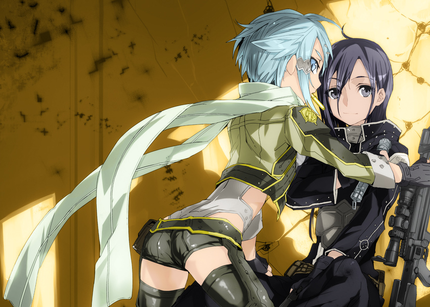 1girl androgynous anti-materiel_rifle bad_id bad_pixiv_id black_eyes black_hair black_legwear black_shorts blue_eyes blue_hair bolt_action gun highres kirito kirito_(sao-ggo) long_hair pgm_hecate_ii rifle rikusempai scope short_shorts shorts sinon sniper_rifle sword_art_online thighhighs weapon