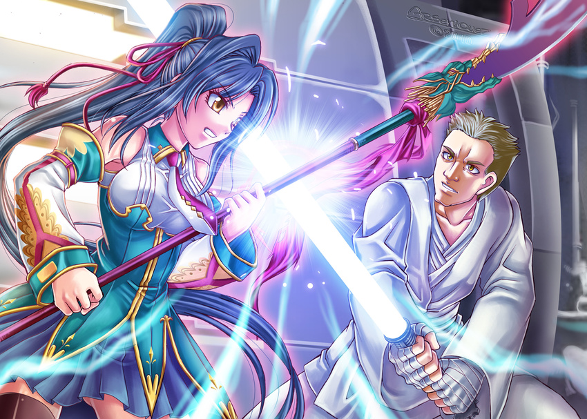 1girl absurdres artist_name bandaged_hands bandages blue_hair brown_eyes brown_hair cleft_chin crossover detached_sleeves dress energy_sword green_dress halberd highres kan'u koihime_musou light lightsaber long_hair necktie obi-wan_kenobi polearm ponytail robe songwut_ouppakarndee star_wars sword thighhighs very_long_hair weapon