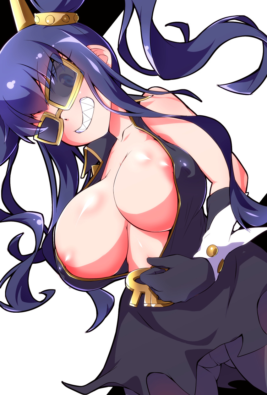 areolae ass_visible_through_thighs bangs black_dress black_gloves black_legwear blue_eyes blue_hair breasts cameltoe dress gloves gluteal_fold grin hair_ornament highres huge_breasts kureson_(medarot) long_hair looking_at_viewer medarot medarot_8 pantyhose ryuuta_(cure_ryuuta) sharp_teeth simple_background smile solo spikes sunglasses teeth twintails unzipped unzipping v-shaped_eyebrows very_long_hair white_background zipper_pull_tab