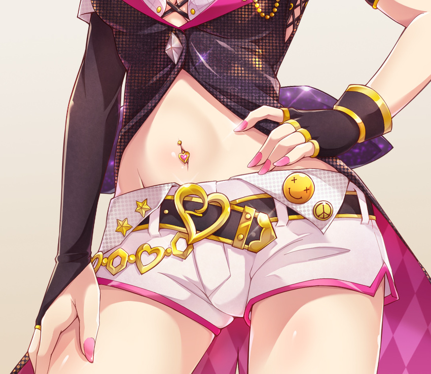 badge beige_background belt black_gloves bridal_gauntlets button_badge checkered close-up e20 fingerless_gloves fingernails gloves hand_on_hip hand_on_own_thigh head_out_of_frame heart idolmaster idolmaster_cinderella_girls jewelry jougasaki_mika long_fingernails lower_body midriff mismatched_gloves nail_polish navel navel_piercing peace_symbol piercing pink_nails short_shorts shorts simple_background smiley_face solo star