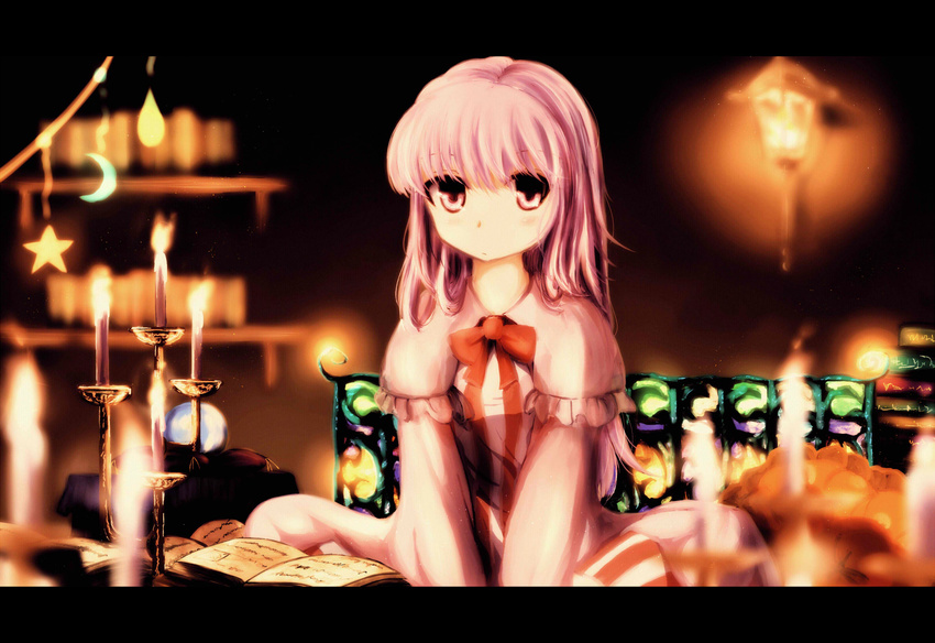 bad_id bad_pixiv_id blurry blurry_background book bow candle candlelight candlestand capelet crescent crystal_ball depth_of_field dress expressionless fire flame highres letterboxed light long_hair long_sleeves no_hat no_headwear no_ribbon open_book pajamas patchouli_knowledge pillow purple_coat purple_dress purple_eyes purple_hair sitting solo sora_(cmamlr) star striped_clothes touhou