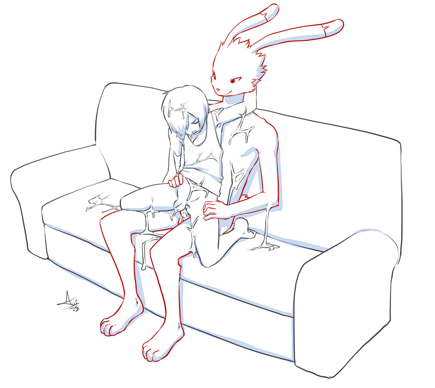 anal anal_penetration anthro aogami arm_around_neck arm_up balls barefoot bottomless child clothed clothing cum cum_on_self digital_drawing_(artwork) digital_media_(artwork) duo flaccid front_view grin half-dressed human human_on_anthro interspecies kazuma_ikezawa king_kazuma lagomorph male male/male mammal messy naughty_face nude penetration penis rabbit restricted_palette shirt signature size_difference sofa straddling summer_wars tank_top uncut young