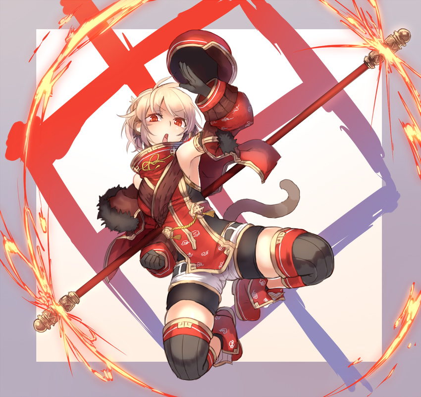 animal_ears black_gloves blonde_hair blush boots ganesagi gloves hat hat_removed headwear_removed highres jumping knee_brace long_sleeves monkey_ears monkey_tail open_mouth original red_eyes shorts solo staff tail