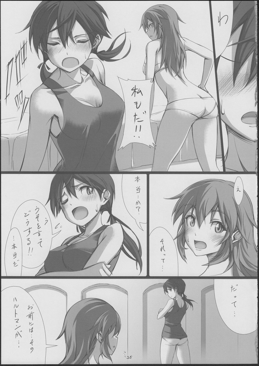 charlotte_e_yeager comic doujinshi gertrud_barkhorn greyscale highres imageboard_sample jpeg_artifacts michairu monochrome multiple_girls non-web_source panties strike_witches translation_request underwear world_witches_series