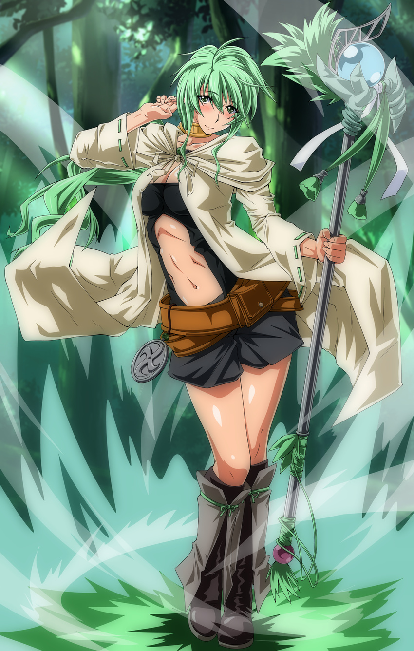 blush breasts caam_serenity_of_gusto cleavage collar collarbone duel_monster forest green_eyes green_hair highres jewelry long_hair looking_at_viewer medium_breasts midriff nature navel ponytail smile solo staff tore-saki yuu-gi-ou