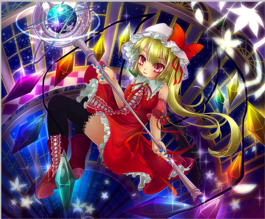 adapted_costume black_legwear blonde_hair blue_nails boots brooch cross-laced_footwear detached_sleeves fingernails flandre_scarlet flower flying hat hat_ribbon jewelry kakiikada light_smile lips looking_at_viewer mob_cap nail_polish reclining red_eyes ribbon sharp_fingernails short_hair side_ponytail solo sparkle staff thighhighs touhou window wings