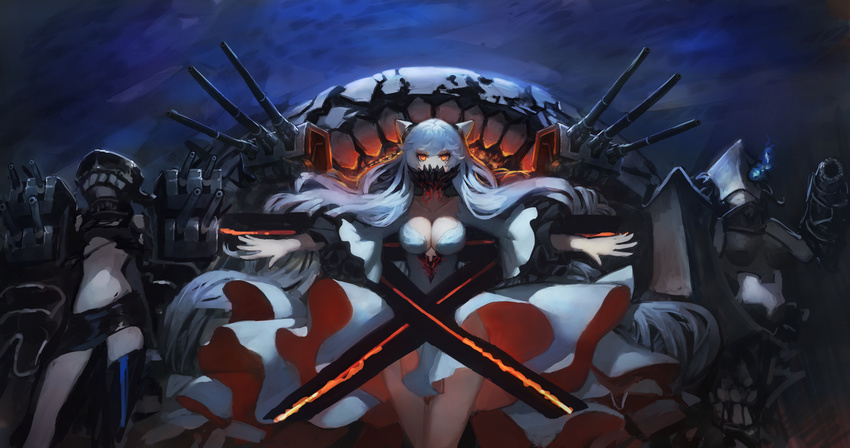absurdres breastplate breasts chi-class_torpedo_cruiser cleavage glowing glowing_eye gods_(1073337800) highres horns kantai_collection long_hair looking_at_viewer medium_breasts midriff midway_hime multiple_girls orange_eyes shinkaisei-kan tsu-class_light_cruiser turret white_hair