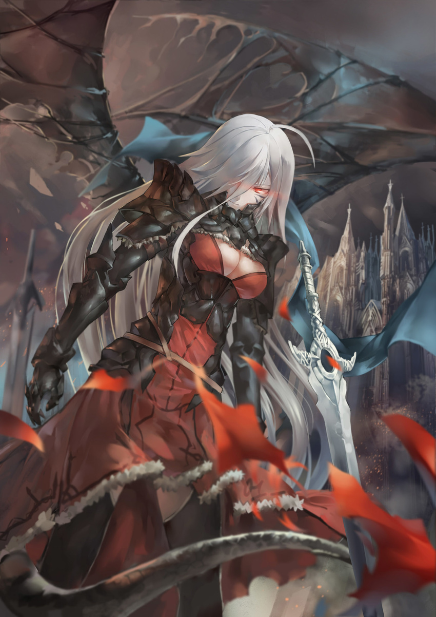 ahoge azomo breasts building cathedral church cleavage cleavage_cutout dress fur_trim gauntlets gorget hair_over_one_eye highres long_hair medium_breasts original pauldrons red_eyes solo sword tail thighhighs very_long_hair weapon white_hair wings